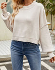 Gray Round Neck Dropped Shoulder Sweater Sentient Beauty Fashions Apparel & Accessories