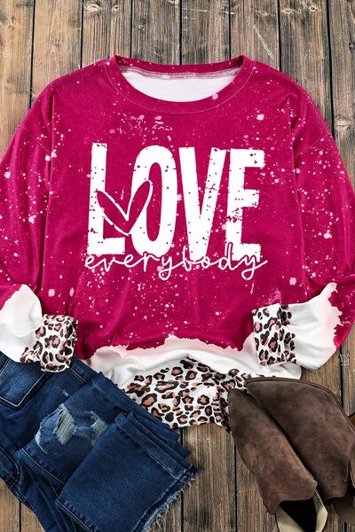 Maroon LOVE EVERYBODY Leopard Round Neck Sweatshirt Sentient Beauty Fashions Apparel &amp; Accessories