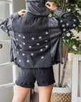 Dark Slate Gray Veveret Star Embroidered Hooded Denim Jacket