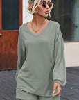 Dim Gray V-Neck Dropped Shoulder Top and Shorts Set Sentient Beauty Fashions Apparel & Accessories