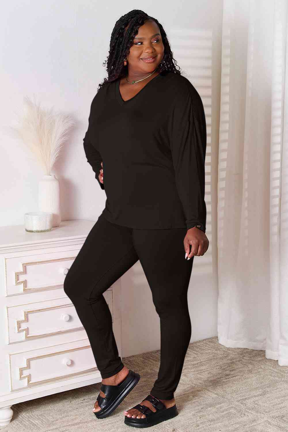 Gray Basic Bae Full Size V-Neck Soft Rayon Long Sleeve Top and Pants Lounge Set