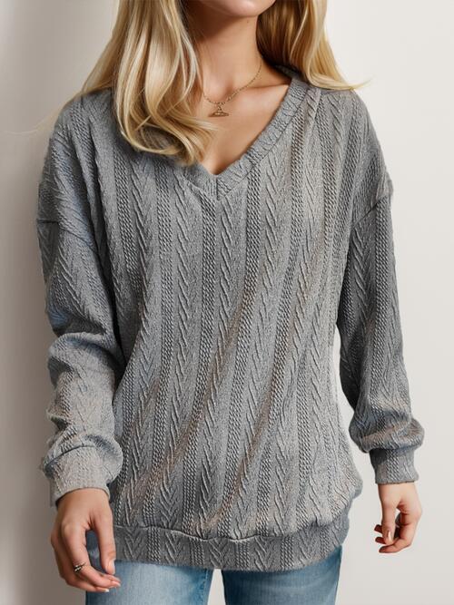 Light Slate Gray Texture V-Neck Long Sleeve T-Shirt Sentient Beauty Fashions Apparel & Accessories