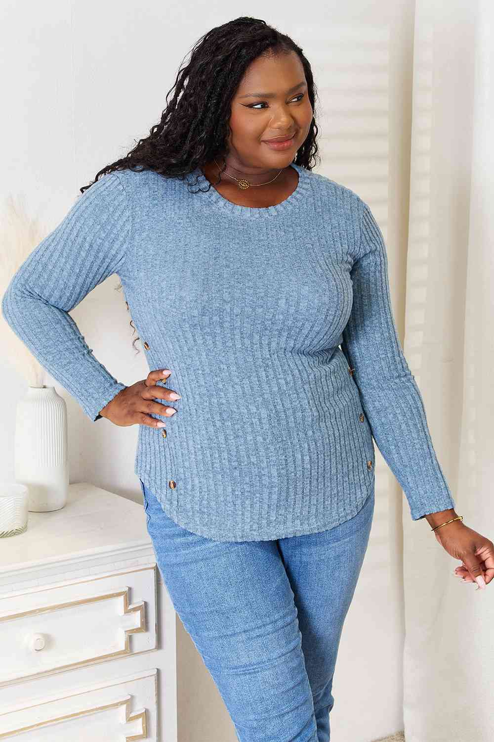 Light Gray Double Take Round Neck Ribbed Long Sleeve T-Shirt
