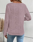 Rosy Brown Openwork Half Button Long Sleeve Blouse