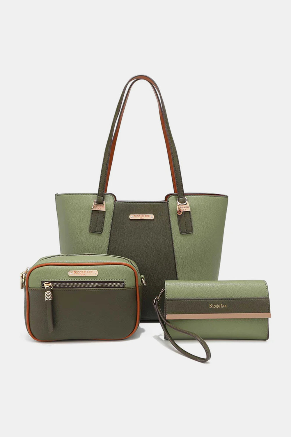 Dark Olive Green Nicole Lee USA 3 Piece Contrast Handbag Set Sentient Beauty Fashions *Accessories