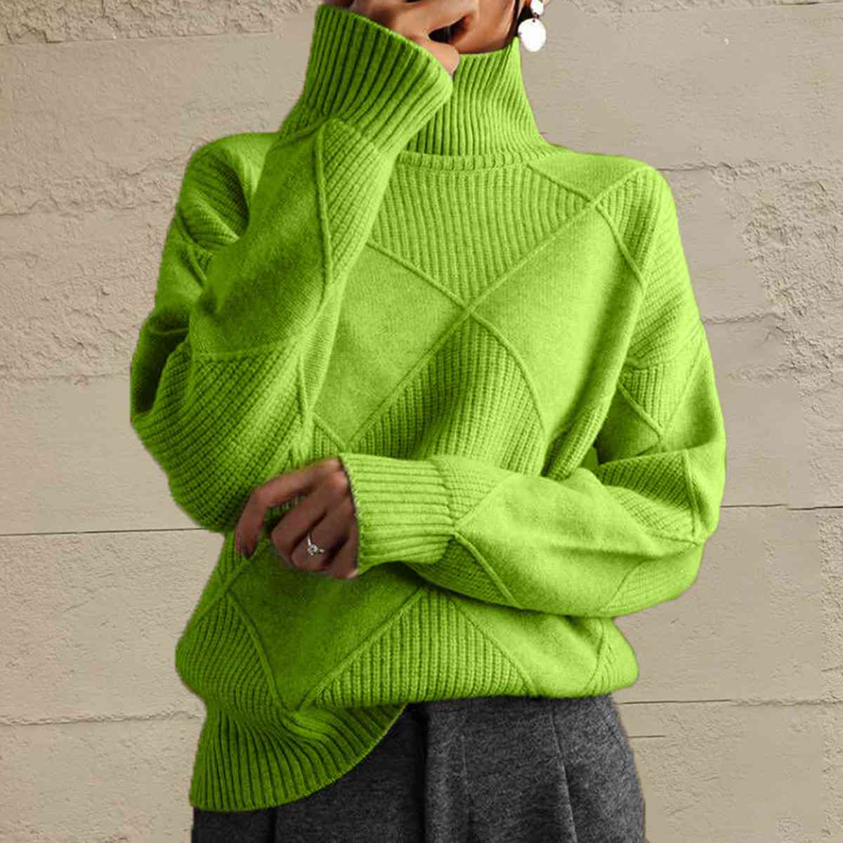 Dark Khaki Geometric Turtleneck Long Sleeve Sweater Sentient Beauty Fashions Tops
