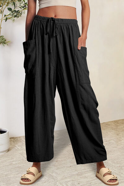 Black Full Size Pocketed Drawstring Wide Leg Pants Sentient Beauty Fashions Apparel & Accessories