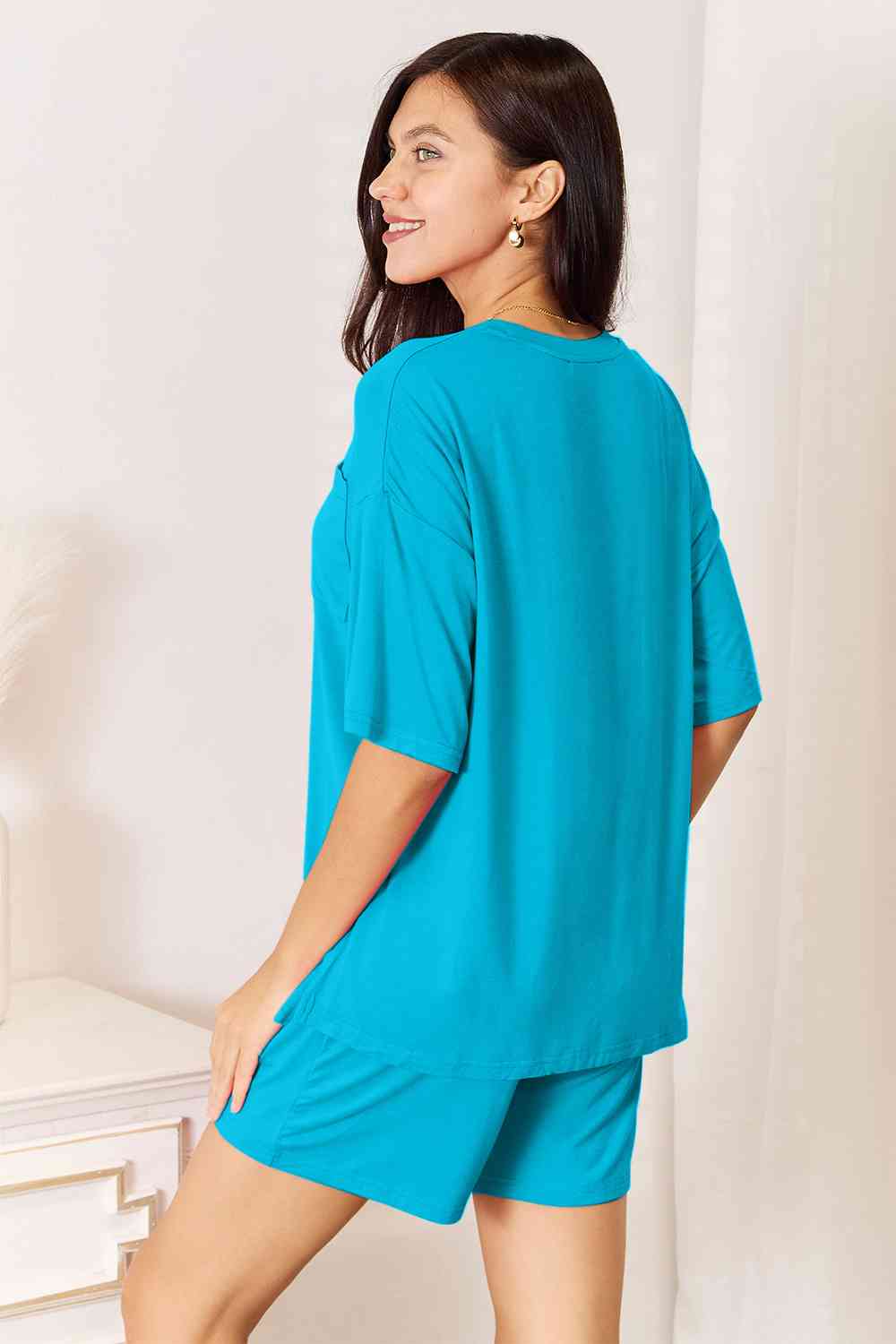 Light Sea Green Basic Bae Full Size Soft Rayon Half Sleeve Top and Shorts Set Sentient Beauty Fashions Apparel &amp; Accessories
