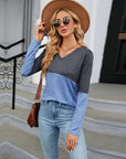 Light Slate Gray V-Neck Long Sleeve Two-Tone T-Shirt