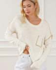 Light Gray Exposed Seam Round Neck Long Sleeve Sweater Sentient Beauty Fashions Apparel & Accessories