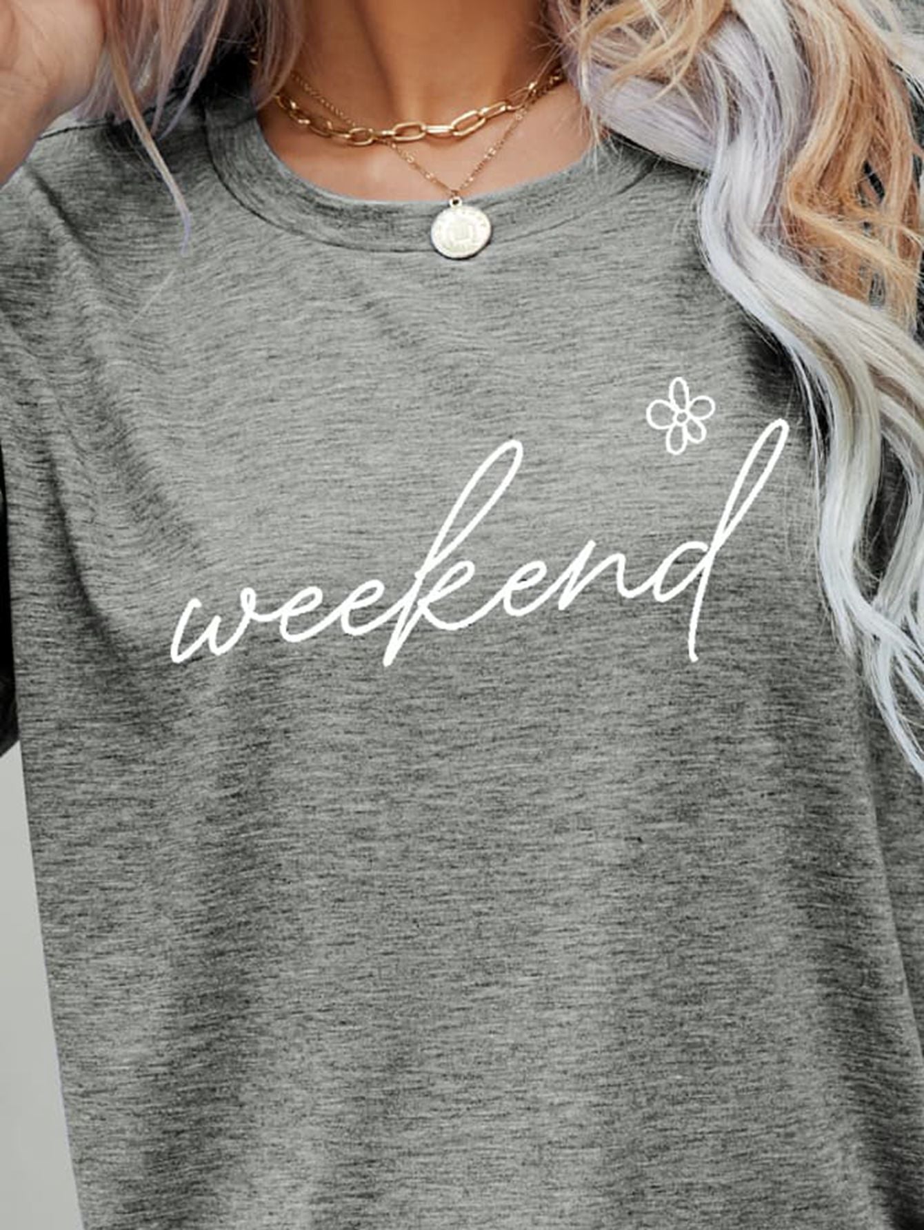 Light Slate Gray WEEKEND Flower Graphic Short Sleeve Tee Sentient Beauty Fashions Apparel & Accessories