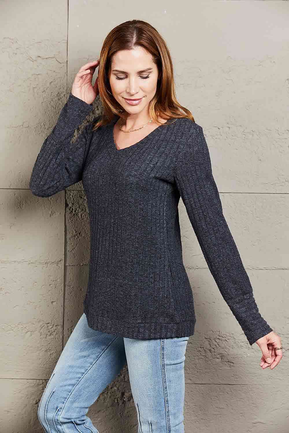 Dark Gray Double Take V-Neck Long Sleeve Ribbed Top Sentient Beauty Fashions Apparel &amp; Accessories