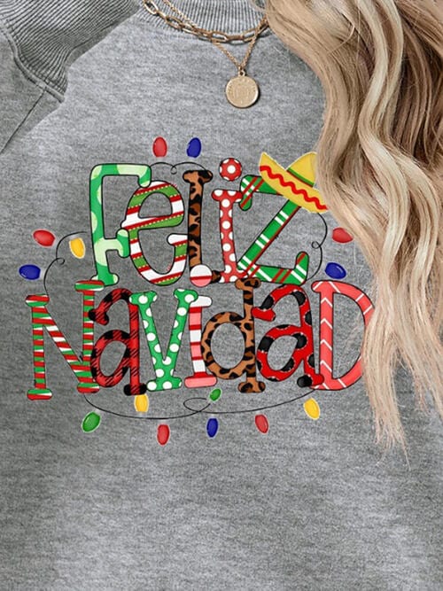 Light Slate Gray FELIZ NAVIDAD Round Neck Drop Shoulder Sweatshirt