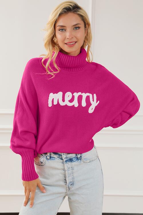 Light Gray Merry Letter Embroidered High Neck Sweater Sentient Beauty Fashions Apparel & Accessories