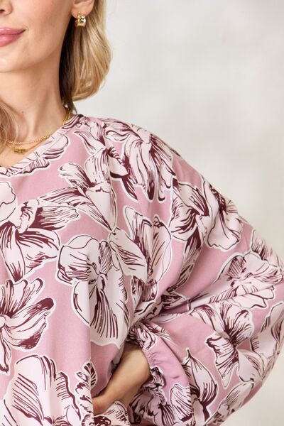 Light Gray Heimish Full Size Floral V-Neck Balloon Sleeve Blouse Sentient Beauty Fashions Apparel &amp; Accessories