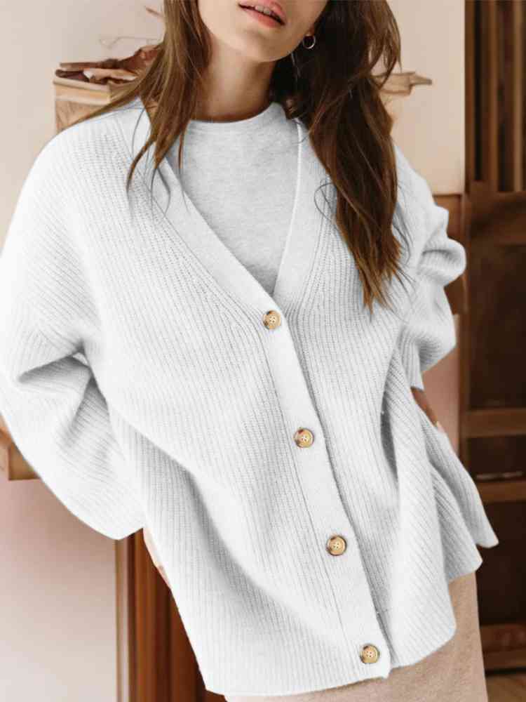 Light Gray Full Size V-Neck Rib-Knit Cardigan