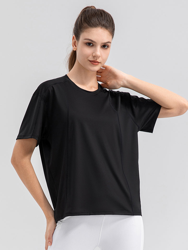 Black Round Neck Short Sleeve Active Top Sentient Beauty Fashions Apparel & Accessories