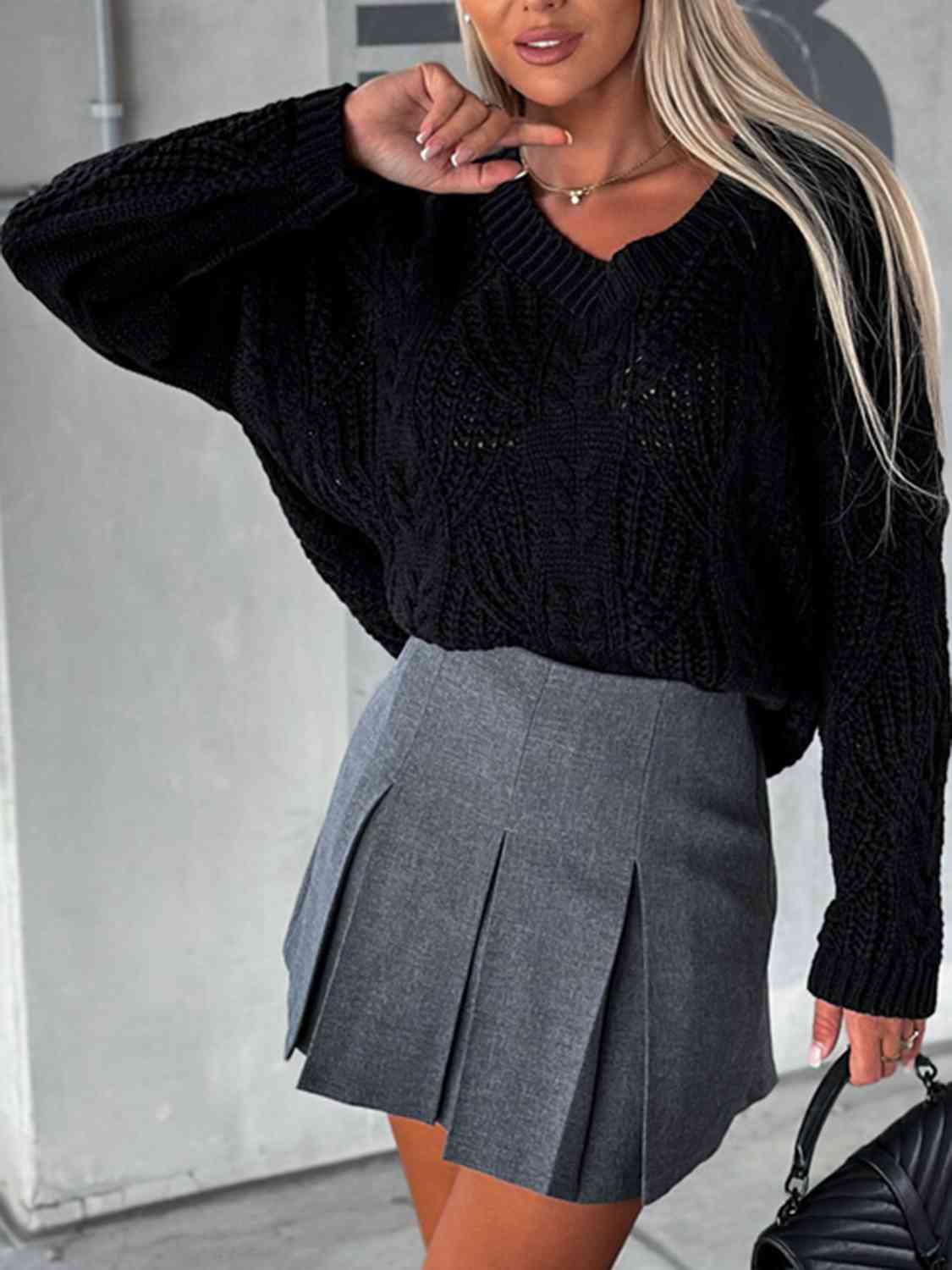 Black V-Neck Cable-Knit Long Sleeve Sweater Sentient Beauty Fashions Apparel & Accessories