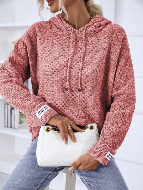 Rosy Brown Texture Drawstring Long Sleeve Hooded Sweater