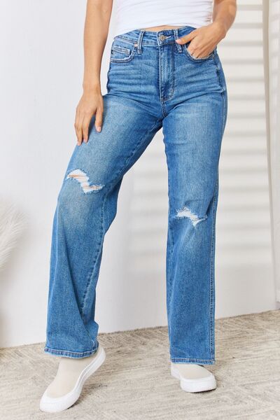 Light Gray Judy Blue Full Size High Waist Distressed Straight-Leg Jeans Sentient Beauty Fashions Apparel &amp; Accessories