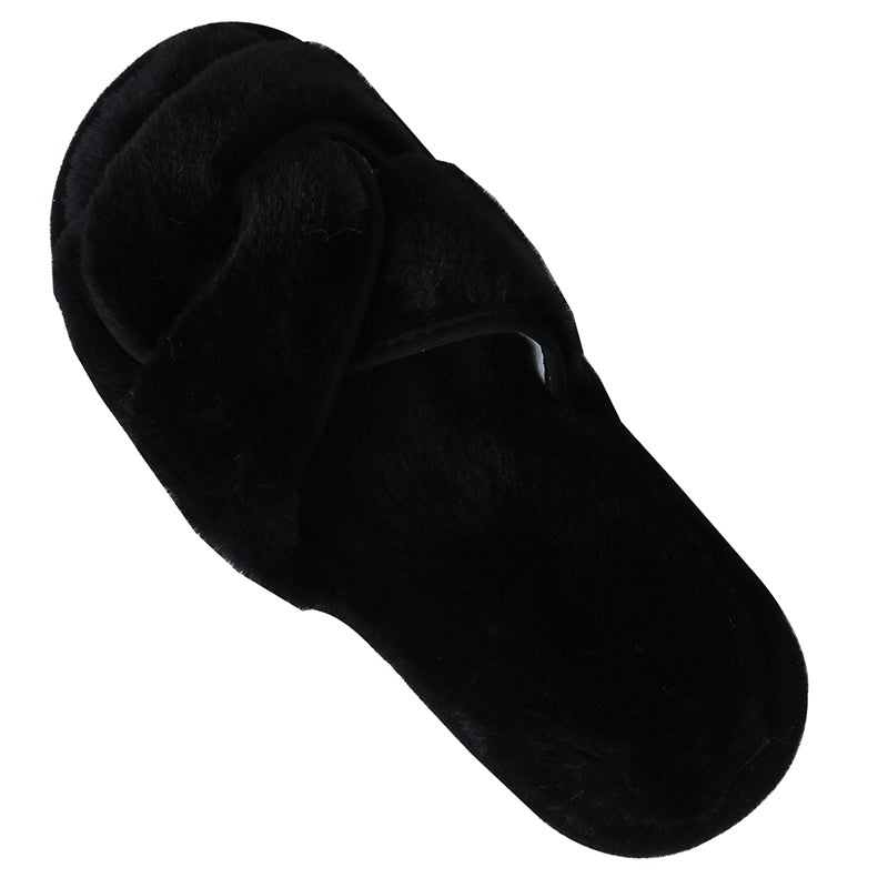Black Faux Fur Twisted Strap Slippers Sentient Beauty Fashions