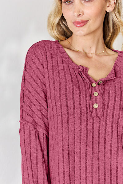 Maroon Basic Bae Full Size Ribbed Half Button Long Sleeve T-Shirt Sentient Beauty Fashions Apparel &amp; Accessories