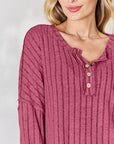 Maroon Basic Bae Full Size Ribbed Half Button Long Sleeve T-Shirt Sentient Beauty Fashions Apparel & Accessories