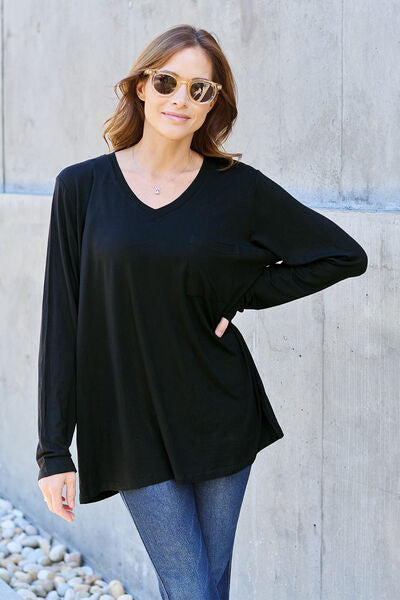 Black Basic Bae Full Size V-Neck Long Sleeve Top Sentient Beauty Fashions Apparel &amp; Accessories