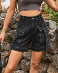 Dark Slate Gray High Waist Denim Cargo Shorts Sentient Beauty Fashions Apparel & Accessories