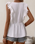 Gray Embroidered Pom-Pom Trim Cap Sleeve Babydoll Top Sentient Beauty Fashions Tops