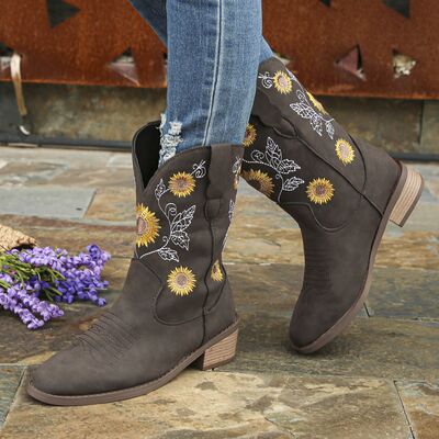 Sunflower Embroidered Block Heel Boots