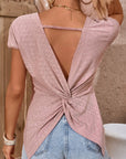 Rosy Brown Twisted Open Back Eyelet Top Sentient Beauty Fashions Tops