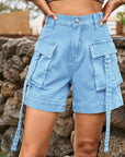 Dim Gray High Waist Denim Cargo Shorts Sentient Beauty Fashions Apparel & Accessories