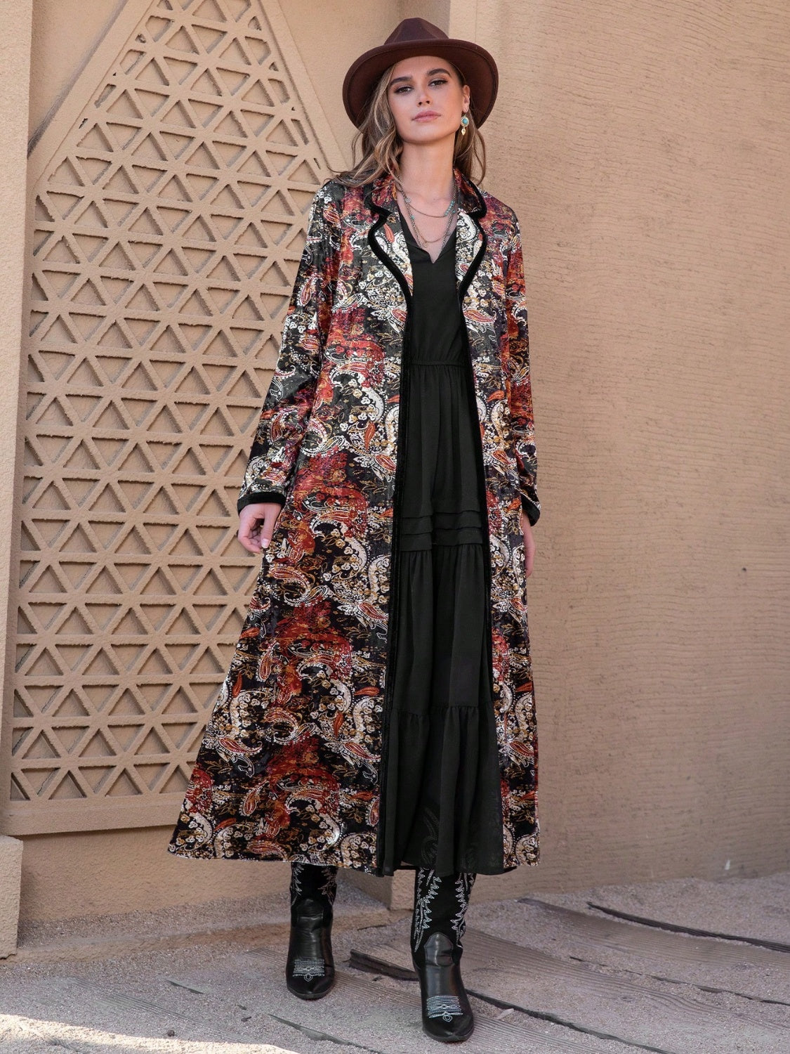 Rosy Brown Printed Open Front Long Sleeve Outerwear Sentient Beauty Fashions Apparel & Accessories