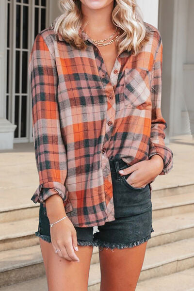 Rosy Brown Plaid Pocketed Button Up Shirt Sentient Beauty Fashions Apparel & Accessories