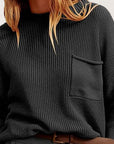 Dark Slate Gray Ribbed Dropped Shoulder Sweater with Pocket Sentient Beauty Fashions Tops