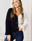 Black Woven Right Contrast Button-Front V-Neck Cardigan Sentient Beauty Fashions Apparel & Accessories
