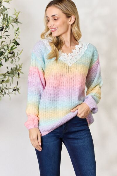 Light Gray BiBi Rainbow Gradient Crochet Deetail Sweater Sentient Beauty Fashions Apparel & Accessories