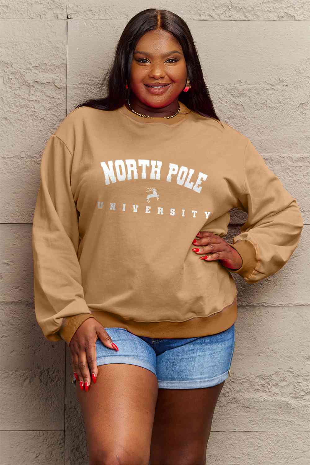 Rosy Brown Simply Love Full Size NORTH POLE UNIVERSITY Graphic Sweatshirt Sentient Beauty Fashions Apparel &amp; Accessories