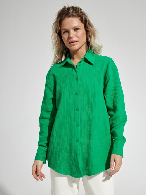 Sea Green Textured Button Up Long Sleeve Shirt Sentient Beauty Fashions Apparel & Accessories