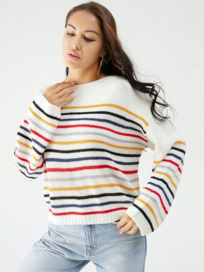 Antique White Striped Round Neck Dropped Shoulder Sweater Sentient Beauty Fashions Apparel &amp; Accessories