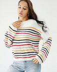 Antique White Striped Round Neck Dropped Shoulder Sweater Sentient Beauty Fashions Apparel & Accessories
