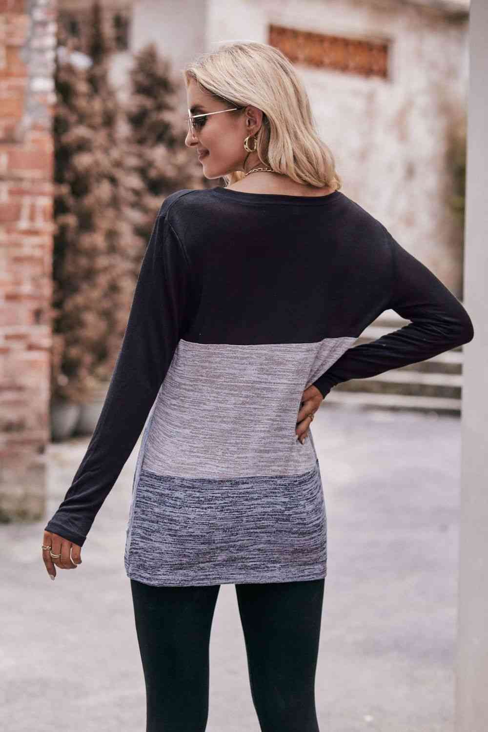 Dark Gray Color Block Twisted Detail Long Sleeve Top Sentient Beauty Fashions Apparel &amp; Accessories