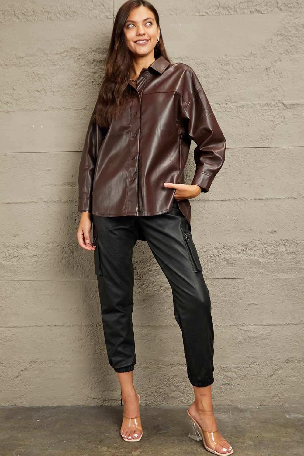 Rosy Brown e.Luna Vegan Leather Button Down Shirt Sentient Beauty Fashions Apparel &amp; Accessories