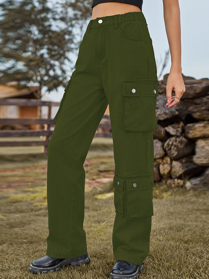 Dark Olive Green Straight Leg Cargo Jeans Sentient Beauty Fashions Apparel &amp; Accessories