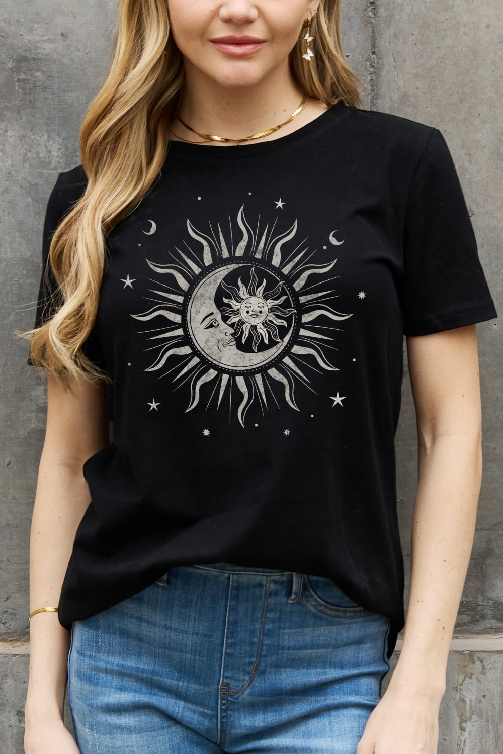Black Simply Love Full Size Sun, Moon, and Star Graphic Cotton Tee Sentient Beauty Fashions Apparel &amp; Accessories