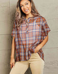 Rosy Brown Petal Dew For You Short Sleeve Plaid Top Sentient Beauty Fashions Tops