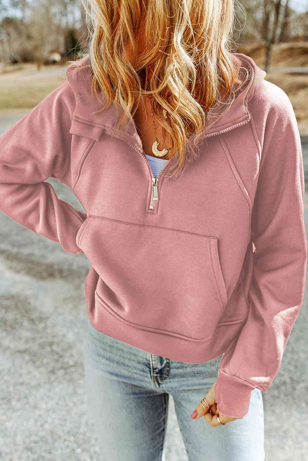Rosy Brown Double Take Half-Zip Thumbhole Sleeve Hoodie Sentient Beauty Fashions Apparel & Accessories
