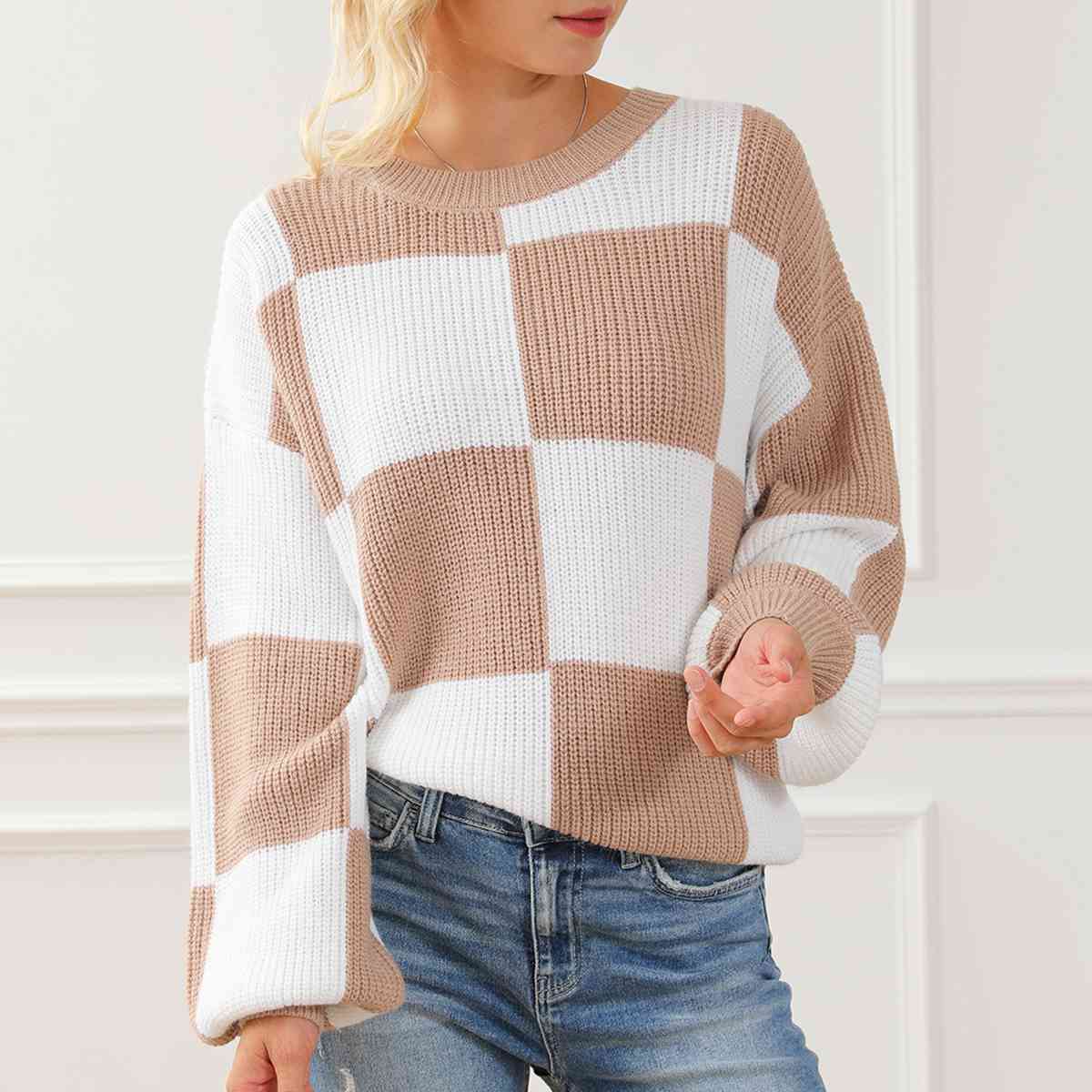 Light Gray Checkered Round Neck Drop Shoulder Long Sleeve Sweater