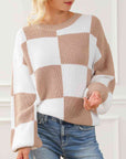Light Gray Checkered Round Neck Drop Shoulder Long Sleeve Sweater Sentient Beauty Fashions Apparel & Accessories
